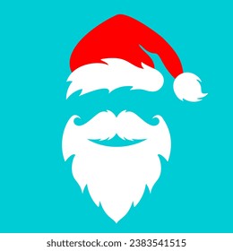 Santa Claus costume with hat beard and mustache, Christmas holiday flat design. Vector illustration of funny smiling Santa Claus face