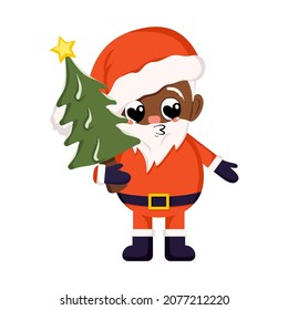 Santa Claus in costume and hat with Christmas tree. Symbol of New Year and Christmas. Cute character with happy emotions and smile