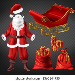 Santa Claus costume with leather boots, red hat, false beard, sleigh and christmas stocking sock, large sack full of beautifully gift boxes 3d realistic vectors set isolated on transparent background