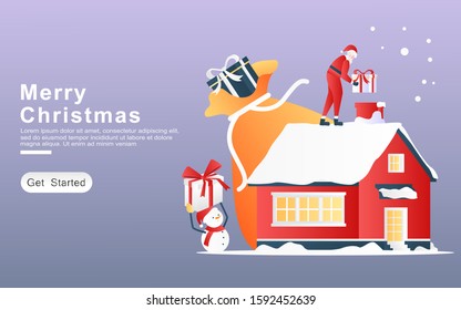 a santa claus costume man on the roof of the house carries gifts to share via the chimney. snowman lift up gifts. concept set of money bag, architecture. for landing page, apps, website. Flat cartoon 