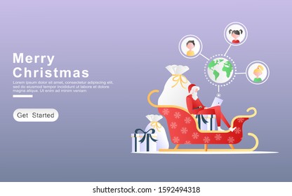 a santa claus costume man on a sled carrying gifts, bag, looking at gift data map for children in the world. for landing page, banner, apps, website, frame, ux, ui. Flat cartoon vector illustration