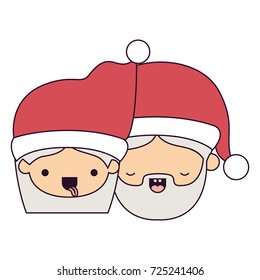 santa claus couple cartoon faces woman tongue out and man with eyes closed colorful silhouette on white background vector illustration