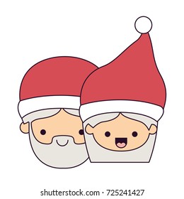 santa claus couple cartoon faces man and woman happiness colorful silhouette on white background vector illustration