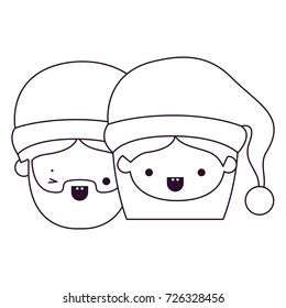 santa claus couple cartoon faces man wink eye and woman smiling silhouette on white background vector illustration