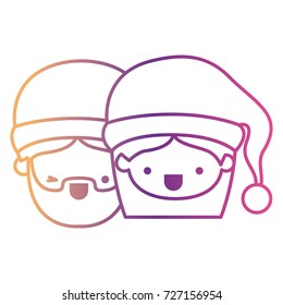 santa claus couple cartoon faces man wink eye and woman smiling expression on gradient color silhouette from yellow to fuchsia vector illustration