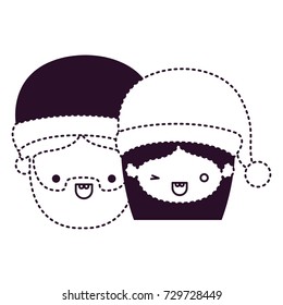 santa claus couple cartoon faces man and woman smiling on dotted monochrome silhouette vector illustration