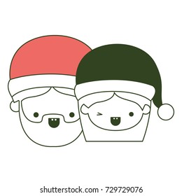 santa claus couple cartoon faces man and woman smiling on color section silhouette vector illustration