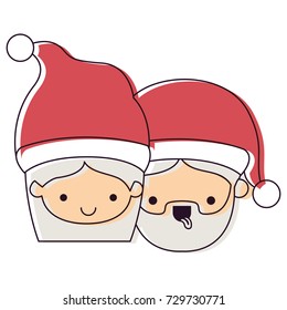 santa claus couple cartoon faces woman happiness and man with tongue out watercolor silhouette on white background
