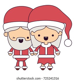 santa claus couple cartoon full body man wink eye and woman smiling colorful silhouette on white background vector illustration