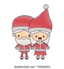 santa claus couple cartoon full body man and woman happiness on color crayon silhouette on white background vector illustration