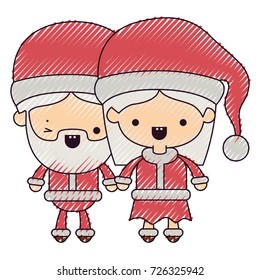 santa claus couple cartoon full body man wink eye and woman smiling on color crayon silhouette on white background vector illustration