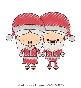 santa claus couple cartoon full body woman eyes closed and man happiness on color crayon silhouette on white background vector illustration