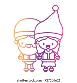 santa claus couple cartoon full body man and woman happiness expression on gradient color silhouette from yellow to fuchsia vector illustration