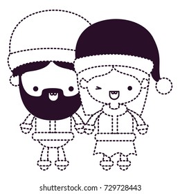 santa claus couple cartoon full body man and woman smiling on dotted monochrome silhouette vector illustration