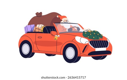 Santa Claus courier driving festive car, convertible auto vehicle with Christmas gifts, sack, winter holiday presents. Xmas delivery concept. Flat vector illustration isolated on white background