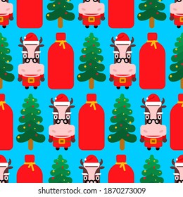 Santa Claus cow and Christmas tree pattern seamless. Bull in red clothes. New year and christmas background