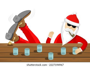 Santa claus cowboy at the bar at the New Year party. Christmas clipart postcard