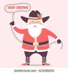 Santa claus with cowboy western hat and lasso .Vector christmas card illustration with merry christmas text
