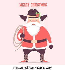 Santa claus with cowboy western hat and lasso .Vector christmas card illustration with merry christmas text