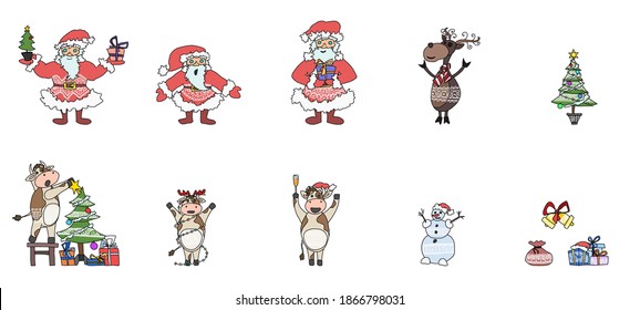 santa claus and cows with bulls funny characters. vector doodle