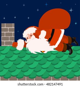Santa Claus crawling on the roof with a bag of gifts. It can be used for greeting cards.