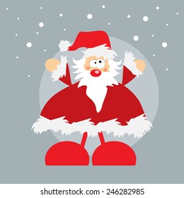 Santa Claus. Crazy Santa congratulations with Merry Christmas and Happy New Year. Holiday Typographical Background for print. Vector. Merry Christmas Card for funny kids. Background.