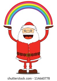 Santa Claus creating rainbow above him.