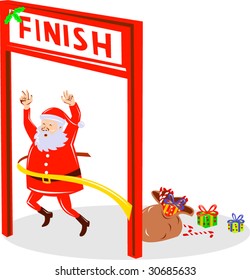 Santa Claus crossing the finish line of a race
