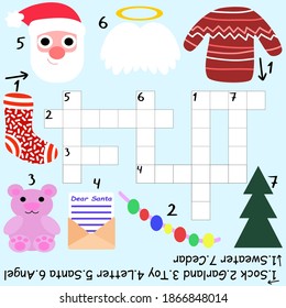 Santa Claus crossword for kids stock vector illustration. Educational funny word game with answer for kids. Christmas crossword worksheet in English for home pastime. Winter holidays activity page