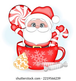 Santa Claus in a cup with candy, vector illustration