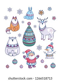 Santa Claus and cute animals in ethnic style. Christmas illustration isolated on a white background. Vector set.