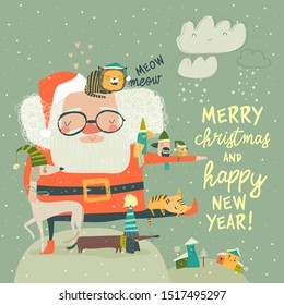 Santa Claus with cute cats and dogs