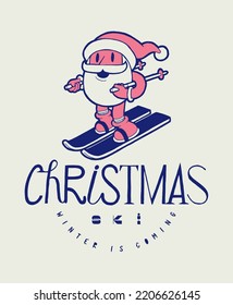 Santa Claus cute character riding skis. Christmas ski typography vector illustration.