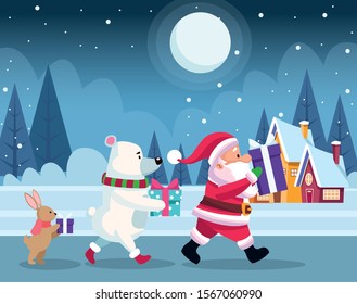 santa claus and cute christmas animals with gift boxes over snowy night background, colorful design , vector illustration