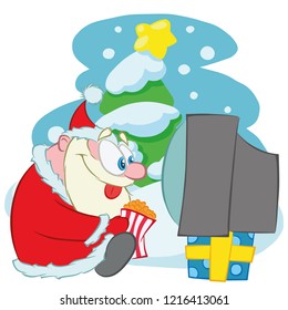 Santa Claus Cute Christmas character. Santa Calus is watching tv and eating popcorn