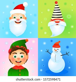 Santa Claus and cute Christmas characters: elf, snowman, Scandinavian dwarf. Collection of December holiday symbols for design postcards, posters, stickers, invitations, decorations