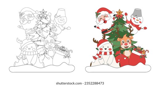 Santa Claus and cute Christmas characters with Christmas tree, Christmas theme line art doodle cartoon illustration, Coloring book for kids, Merry Christmas.