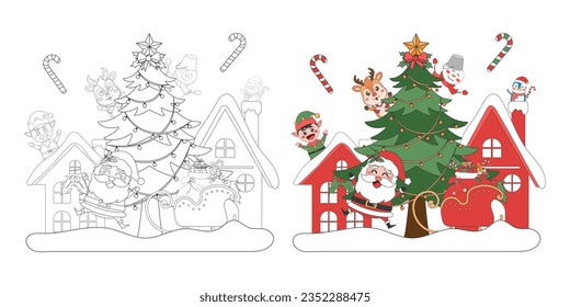 Santa Claus and cute Christmas characters with Christmas tree in snow village, Christmas theme line art doodle cartoon illustration, Coloring book for kids, Merry Christmas.