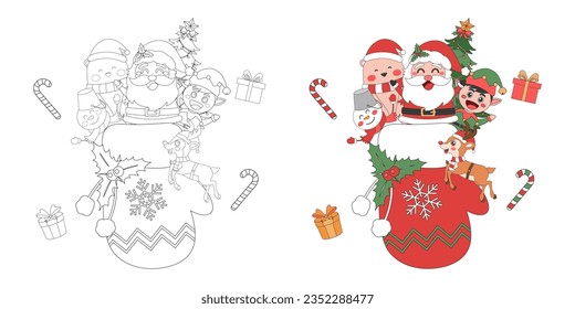 Santa Claus and cute Christmas characters with Christmas glove, Christmas theme line art doodle cartoon illustration, Coloring book for kids, Merry Christmas.
