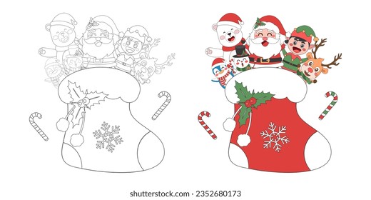 Santa Claus and cute Christmas characters with Christmas sock, Christmas theme line art doodle cartoon illustration, Coloring book for kids, Merry Christmas.