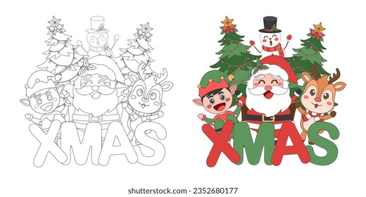 Santa Claus and cute Christmas characters with XMAS alphabet, Christmas theme line art doodle cartoon illustration, Coloring book for kids, Merry Christmas.