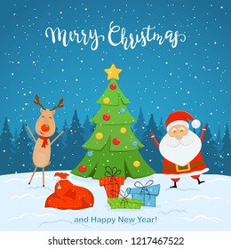 Santa Claus and cute deer with decorated christmas tree and presents on blue snowy background with lettering Merry Christmas and Happy New Year, illustration.