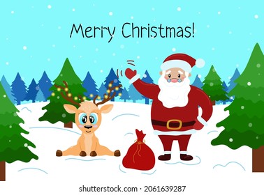 Santa Claus and cute deer on winter forest landscape background. Christmas greetind card. Vector illustration. 