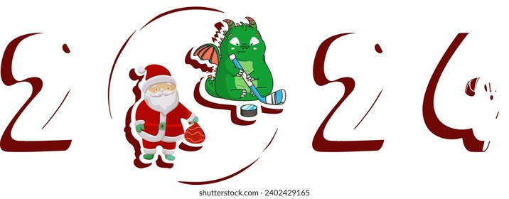 Santa Claus with a cute dragon, hockey stick, puck. Stickers. Hockey template design for placing text, congratulations, advertising, discounts, etc. 