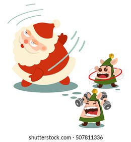 Santa Claus and cute elves involved in fitness and sports. Vector cartoon character isolated on a white background.