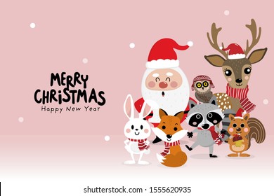 Santa Claus and cute forest animals in Christmas holidays. Wildlife cartoon character vector set. Deer, raccoon, rabbit, owl, fox and squirrel in winter costume.