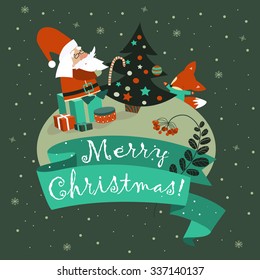 Santa Claus with cute fox celebrating Christmas. Vector illustration