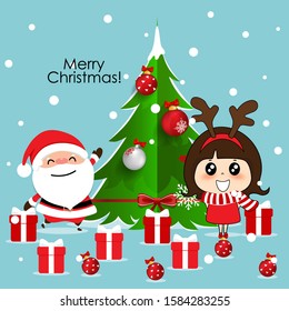 Santa Claus and Cute girl with santa costume. Christmas background. Christmas Greeting Card. Vector illustration.
