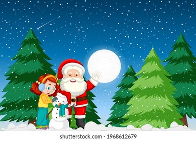 Santa Claus and cute girl creating snowman at night scene illustration