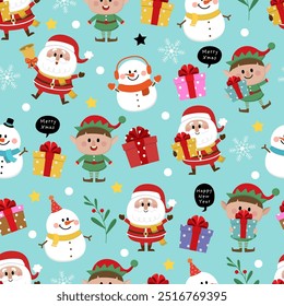 Santa Claus, cute little elf and snowman seamless pattern and background. Christmas holidays cartoon collection. 